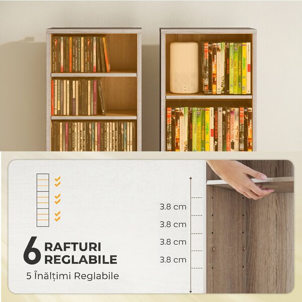 HOMCOM Raft pentru CD-uri cu 6 Rafturi Ajustabile, Capacitate 260 CD-uri/120 DVD-uri, 33x24x140 cm, Lemn Natural | Aosom Romania