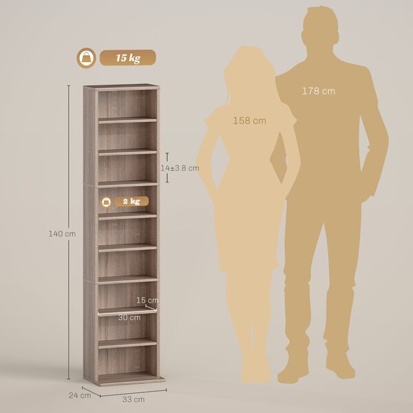 HOMCOM Raft pentru CD-uri cu 6 Rafturi Ajustabile, Capacitate 260 CD-uri/120 DVD-uri, 33x24x140 cm, Lemn Natural | Aosom Romania