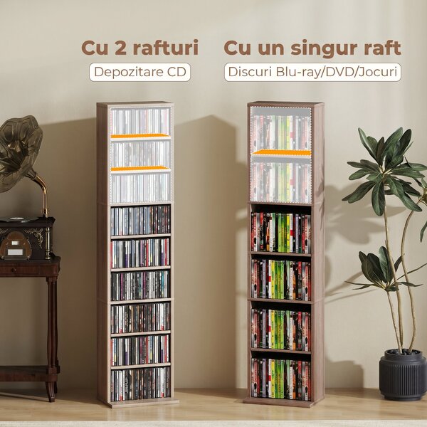 HOMCOM Raft pentru CD-uri cu 6 Rafturi Ajustabile, Capacitate 260 CD-uri/120 DVD-uri, 33x24x140 cm, Lemn Natural | Aosom Romania
