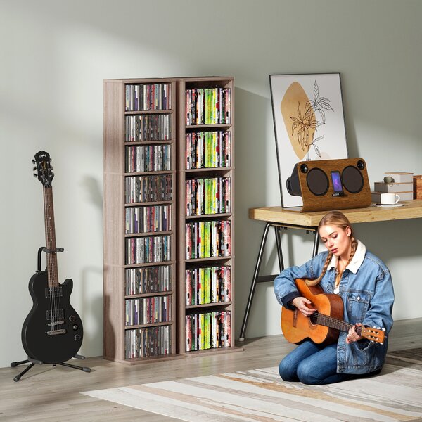 HOMCOM Raft pentru CD-uri cu 6 Rafturi Ajustabile, Capacitate 260 CD-uri/120 DVD-uri, 33x24x140 cm, Lemn Natural | Aosom Romania