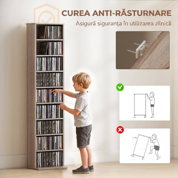 HOMCOM Raft pentru CD-uri cu 6 Rafturi Ajustabile, Capacitate 260 CD-uri/120 DVD-uri, 33x24x140 cm, Lemn Natural | Aosom Romania