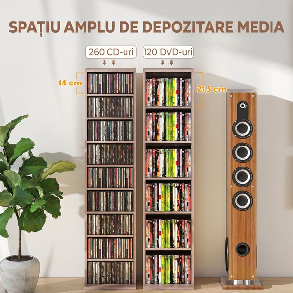 HOMCOM Raft pentru CD-uri cu 6 Rafturi Ajustabile, Capacitate 260 CD-uri/120 DVD-uri, 33x24x140 cm, Lemn Natural | Aosom Romania