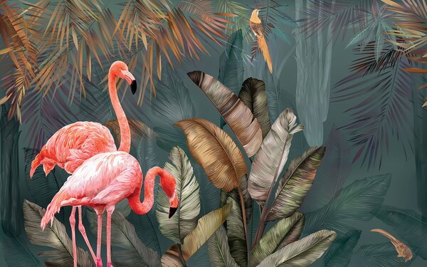 Fototapet Flamingo roz și o pasăre într-o pădure, Fototapet designer, Fototapet populare, u21344 - Tapeko.ro