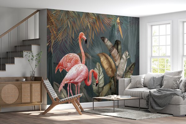 Fototapet Flamingo roz și o pasăre într-o pădure, Fototapet designer, Fototapet populare, u21344 - Tapeko.ro