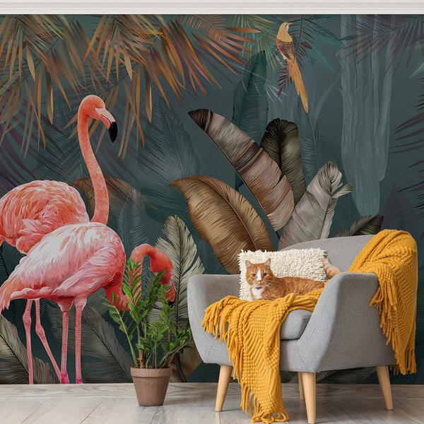 Fototapet Flamingo roz și o pasăre într-o pădure, Fototapet designer, Fototapet populare, u21344 - Tapeko.ro