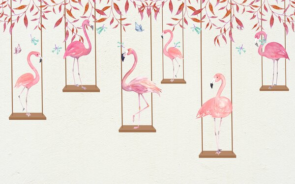 Fototapet Grup de flamingo pe leagăne, Fototapet copii, Fototapet populare, u21345 - Tapeko.ro