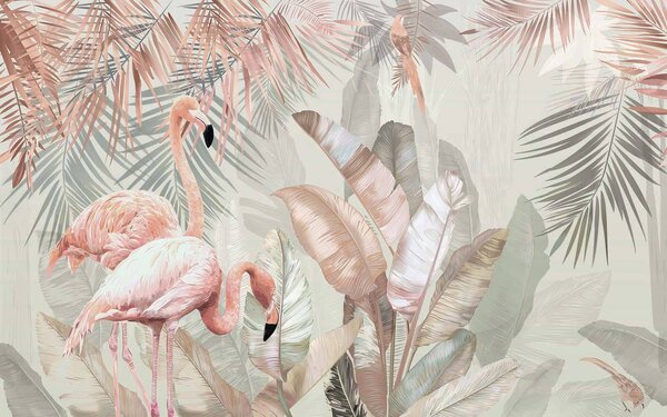 Fototapet Flamingo și frunze tropicale, Fototapet natură, Fototapet populare, u21344v1 - Tapeko.ro