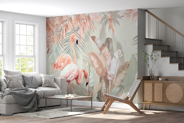 Fototapet Flamingo și frunze tropicale, Fototapet natură, Fototapet populare, u21344v1 - Tapeko.ro