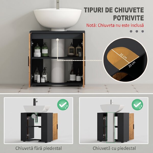 Kleankin Dulap sub chiuvetă baie pentru piedestal cu 2 uși, 60 x 30 x 60 cm, Stejar | Aosom Romania