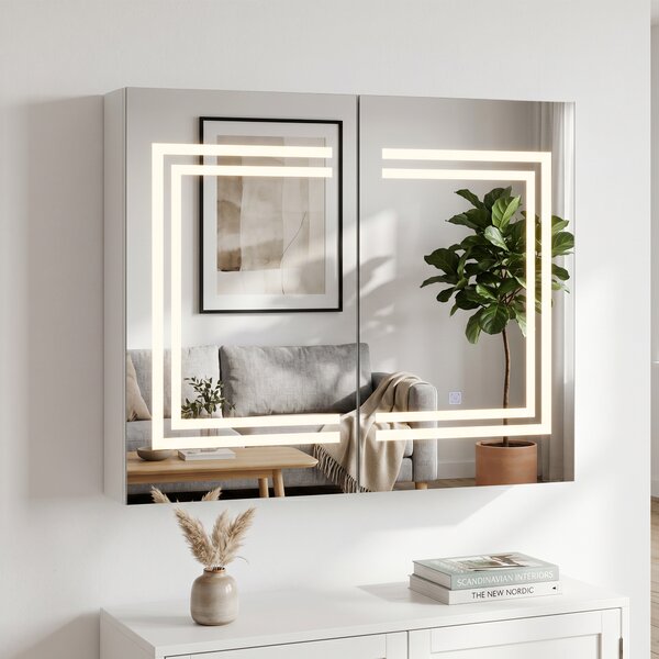 Kleankin Oglindă Baie cu Dulap și LED, 80 x 65cm, Ușă Soft Close, Reglabilă pe 3 Culori, Rafturi Ajustabile, Alb Lucios | Aosom Romania