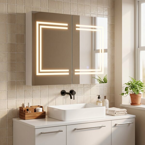 Kleankin Oglindă Baie cu Dulap și LED, 80 x 65cm, Ușă Soft Close, Reglabilă pe 3 Culori, Rafturi Ajustabile, Alb Lucios | Aosom Romania