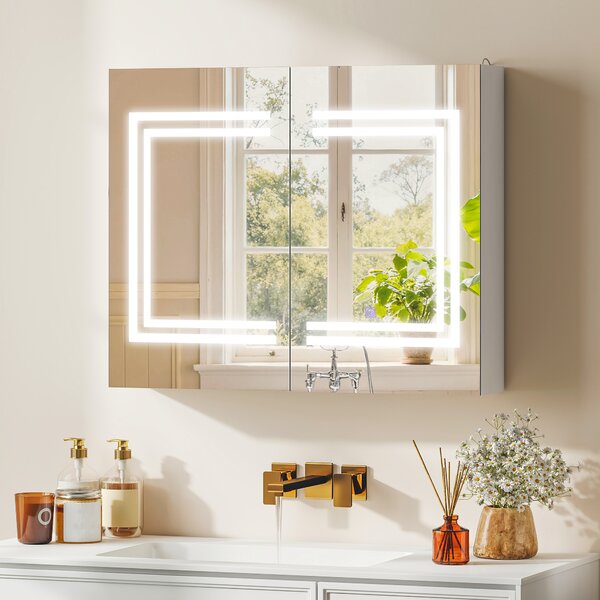 Kleankin Oglindă Baie cu Dulap și LED, 80 x 65cm, Ușă Soft Close, Reglabilă pe 3 Culori, Rafturi Ajustabile, Alb Lucios | Aosom Romania