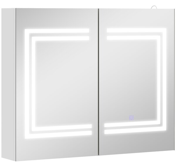 Kleankin Oglindă Baie cu Dulap și LED, 80 x 65cm, Ușă Soft Close, Reglabilă pe 3 Culori, Rafturi Ajustabile, Alb Lucios | Aosom Romania
