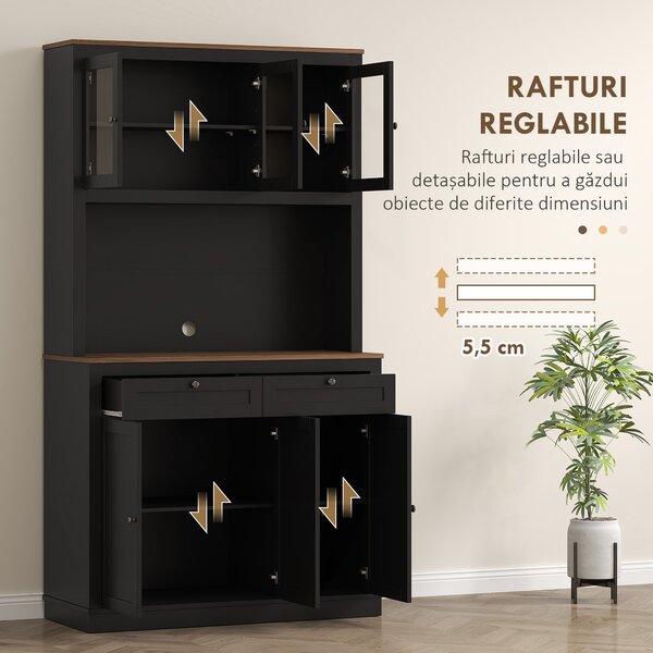HOMCOM Dulap Înalt de Bucătărie cu 4 Dulapuri și 2 Sertare din Lemn și Sticlă Negru | Aosom Romania