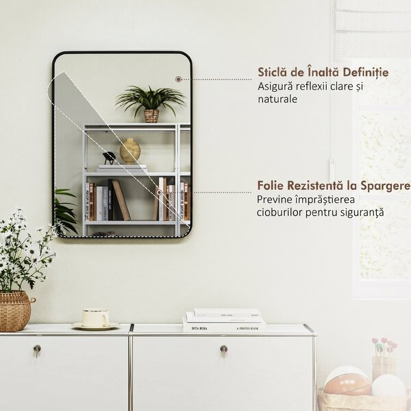 HOMCOM Oglindă de Baie 60 x 80 cm Oglindă Decorativă de Perete cu Ramă Metalică și Cârlig Ușor de Agățat pentru Sufragerie, Hol, Intrare - Negru | Aosom Romania