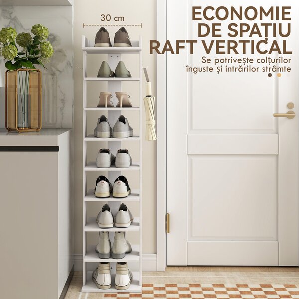 HOMCOM, Raft pentru Pantofi, Cu 9 Rafturi, PAL, 30 x 30 x 128.4 cm, Alb | Aosom Romania
