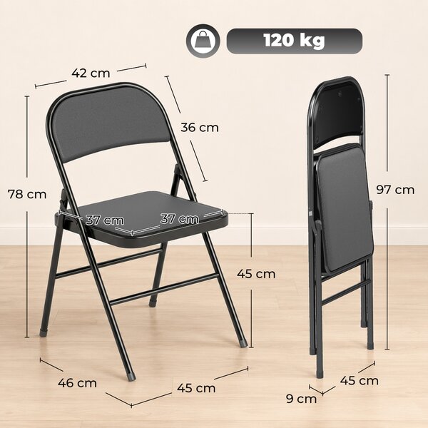 HOMCOM Set de 2 Scaune Pliabile Metalice, Tapițate cu Piele Ecologică PU, pentru Interior, cu Șezut Confortabil și Spătar Deschis | Aosom Romania
