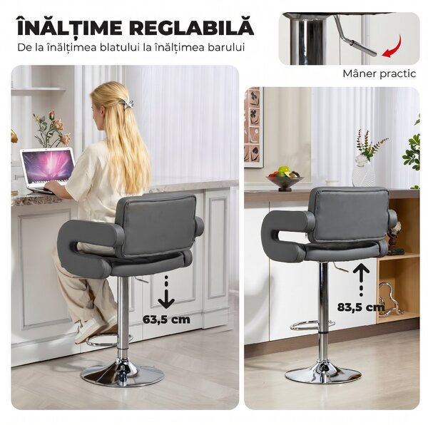 HOMCOM Scaun de Bar Reglabil, Șezut Extra Large Rotativ din Piele Ecologică PU, Gri | Aosom Romania