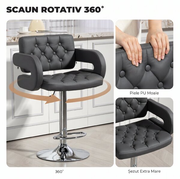 HOMCOM Scaun de Bar Reglabil, Șezut Extra Large Rotativ din Piele Ecologică PU, Gri | Aosom Romania