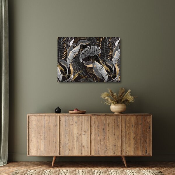 Tablou pe sticlă - Frunze tropicale, Galben - auriu (70x50 cm)
