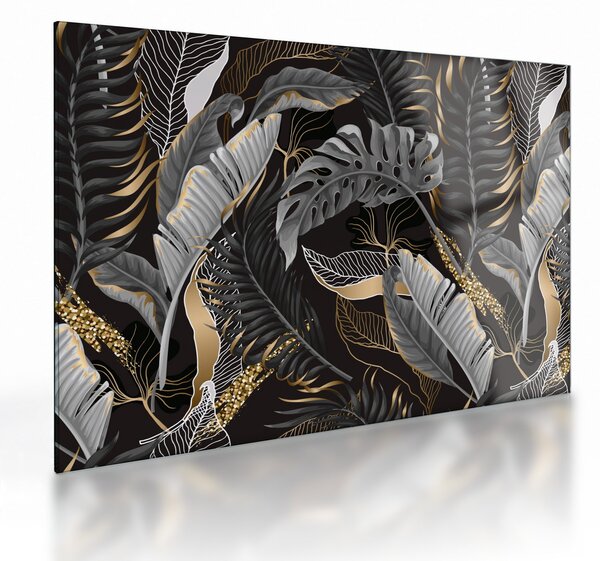 Tablou pe sticlă - Frunze tropicale, Galben - auriu (70x50 cm)