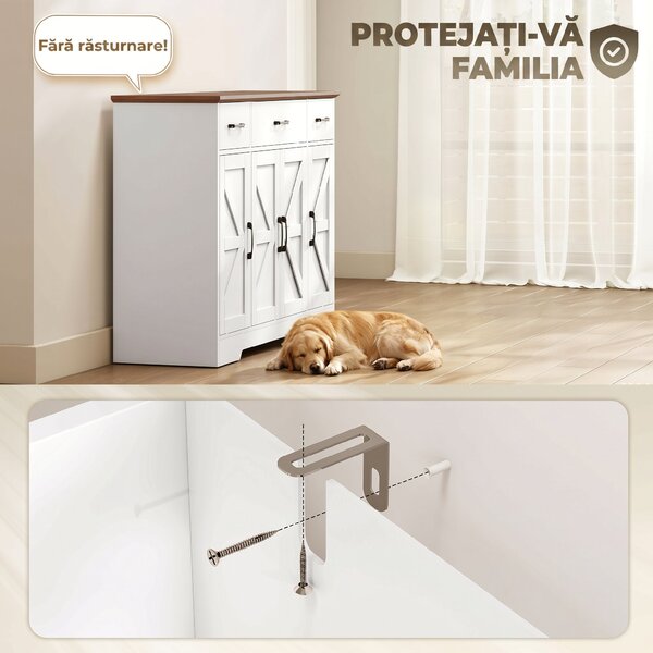 HOMCOM Bufet Bucătărie Rustic, Bufet cu Uși Soft-Close, 3 Sertare, 3 Rafturi Reglabile, Portaspecii, PAL, MDF, Alb | Aosom Romania