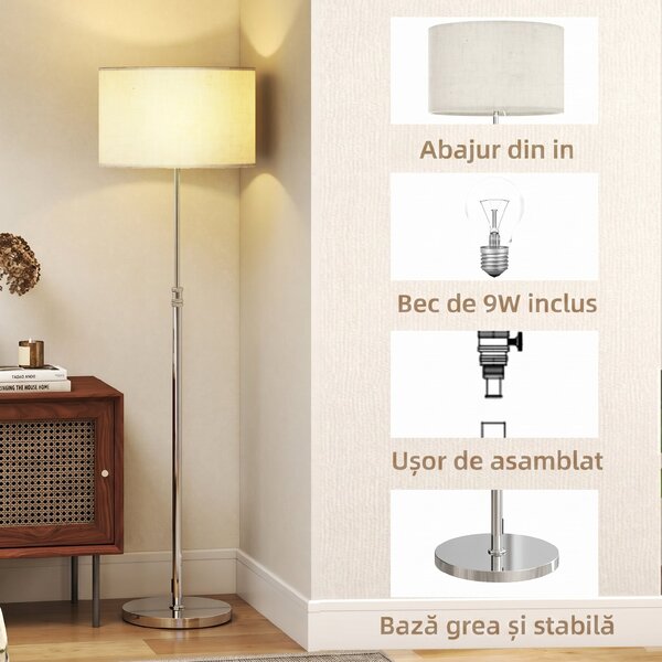 HOMCOM Lampă de Podea cu Telecomandă și Luminozitate Reglabilă 3000k-6000k, cu Abajur Textil, Argintie | Aosom Romania