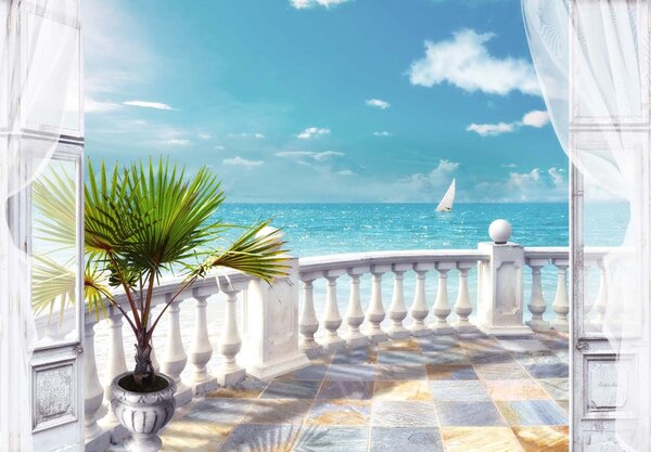 Fototapet Balcon cu un palmier și o barcă cu pânze în apă, Fototapet mare, Fototapet populare, u26132 - Tapeko.ro
