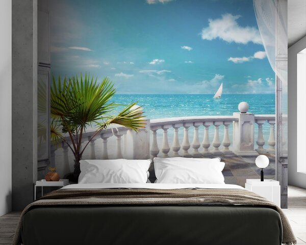 Fototapet Balcon cu un palmier și o barcă cu pânze în apă, Fototapet mare, Fototapet populare, u26132 - Tapeko.ro