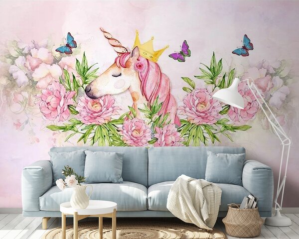 Fototapet Unicorn cu o coroană și flori, Fototapet copii, Fototapet populare, u27857 - Tapeko.ro