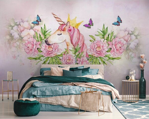 Fototapet Unicorn cu o coroană și flori, Fototapet copii, Fototapet populare, u27857 - Tapeko.ro