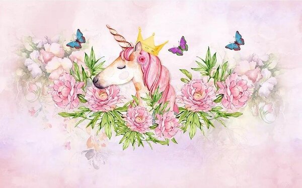 Fototapet Unicorn cu o coroană și flori, Fototapet copii, Fototapet populare, u27857 - Tapeko.ro