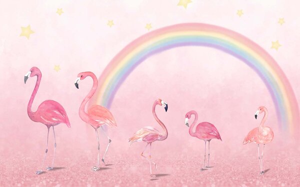 Fototapet Grup de flamingo cu un curcubeu, Fototapet copii, Fototapet populare, u29070 - Tapeko.ro