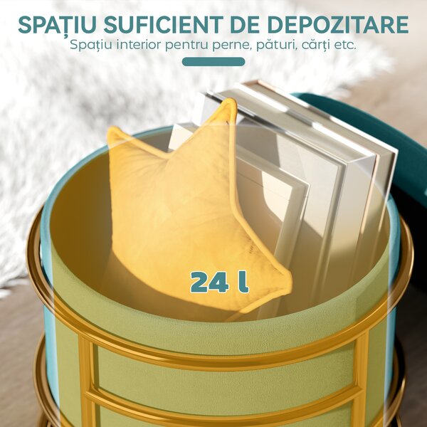 HOMCOM Pouf cu Spațiu de Depozitare în Catifea, 24L, Capac Detasabil, Ø42x39cm, Verde | Aosom Romania