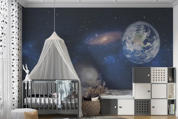 Fototapet Luna cu o planetă și stele și o planetă în fundal, Fototapet designer, Fototapet populare, u32021 - Tapeko.ro