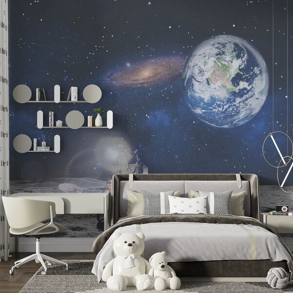 Fototapet Luna cu o planetă și stele și o planetă în fundal, Fototapet designer, Fototapet populare, u32021 - Tapeko.ro
