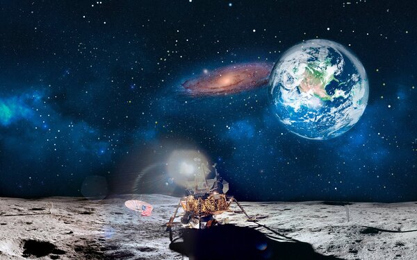 Fototapet Luna cu o planetă și stele și o planetă în fundal, Fototapet designer, Fototapet populare, u32021 - Tapeko.ro
