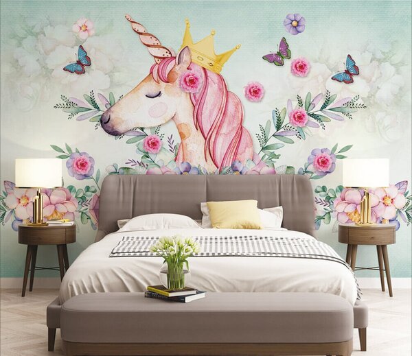 Fototapet Acuarelă unicorn cu o coroană și flori, Fototapet copii, Fototapet populare, u33736 - Tapeko.ro