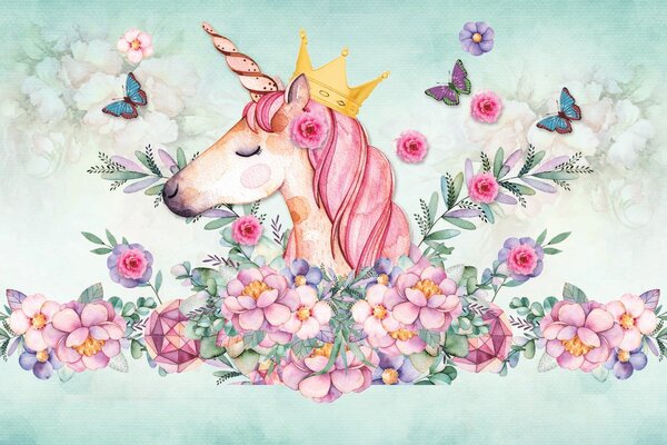 Fototapet Acuarelă unicorn cu o coroană și flori, Fototapet copii, Fototapet populare, u33736 - Tapeko.ro