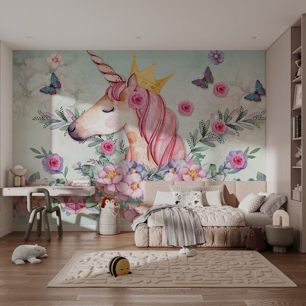 Fototapet Acuarelă unicorn cu o coroană și flori, Fototapet copii, Fototapet populare, u33736 - Tapeko.ro