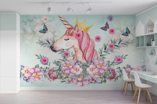 Fototapet Acuarelă unicorn cu o coroană și flori, Fototapet copii, Fototapet populare, u33736 - Tapeko.ro