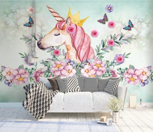 Fototapet Acuarelă unicorn cu o coroană și flori, Fototapet copii, Fototapet populare, u33736 - Tapeko.ro