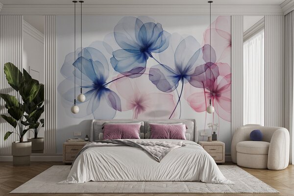 Tapet Flori albastre și roz, translucide și cu textură, pe un fundal deschis, cu petale delicate care se suprapun, Fototapet Flori, w09892 : Uwalls.ro