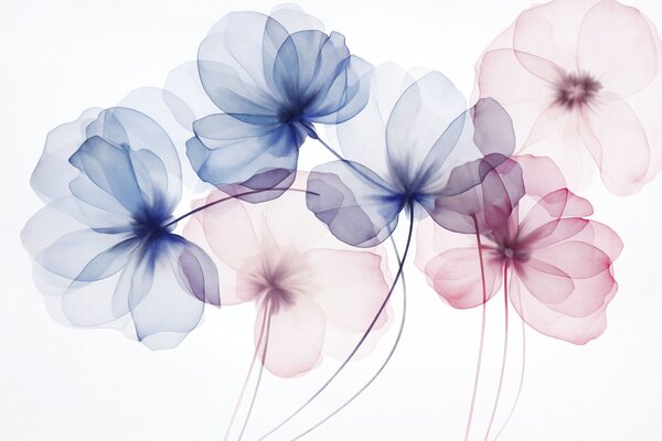 Tapet Flori albastre și roz, translucide și cu textură, pe un fundal deschis, cu petale delicate care se suprapun, Fototapet Flori, w09892 : Uwalls.ro