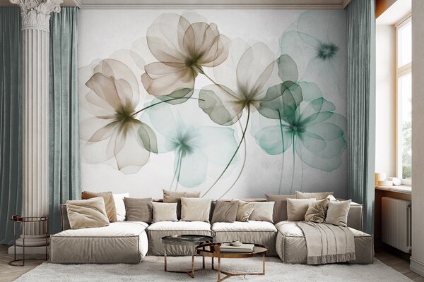 Tapet Flori verzi și maro, translucide și cu textură, pe un fundal deschis, cu petale delicate care se suprapun, Fototapet Flori, w09892v1 : Uwalls.ro