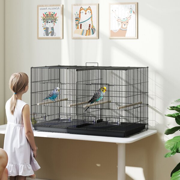 PawHut Colivie pentru Păsări cu Separator, Raft Inferior, 4 Stinghii și 4 Hrănitoare, 94x57x57 cm, Negru | Aosom Romania