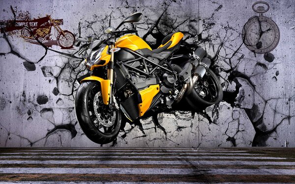 Fototapet Motocicleta galbenă pe un perete, Fototapet designer, Fototapet populare, u37780 - Tapeko.ro