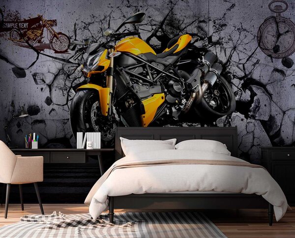 Fototapet Motocicleta galbenă pe un perete, Fototapet designer, Fototapet populare, u37780 - Tapeko.ro