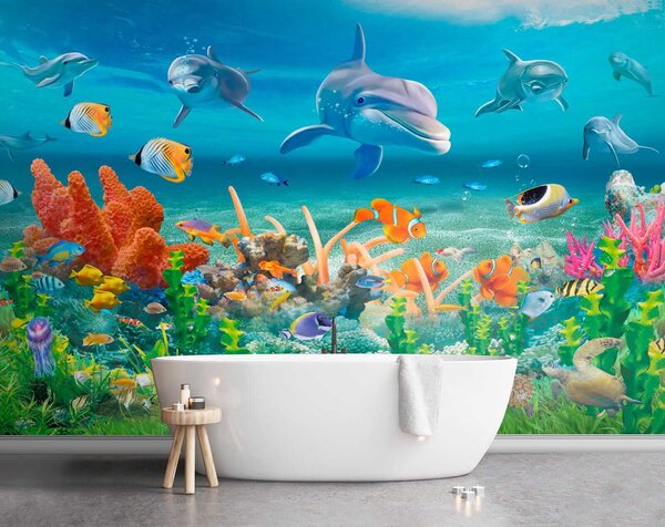 Fototapet Grup de pești și delfini înotând în ocean, Fototapet mare, Fototapet populare, u40487 - Tapeko.ro
