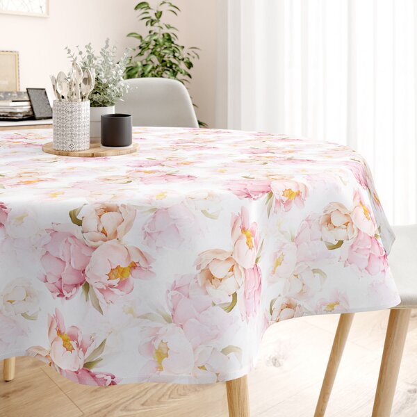Goldea față de masă 100% bumbac deluxe - flori de bujor înfloriți - rotundă Ø 120 cm